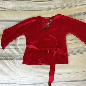 CYNTHIA STEFFE red silk kimono wrap shirt vintage embroidered size small